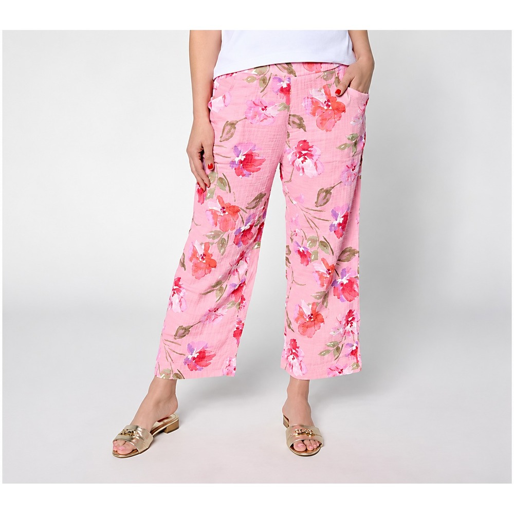 Susan Graver Regular Getaway Cotton Gauze Wide Leg Crop Pants Sorbet Multi, M
